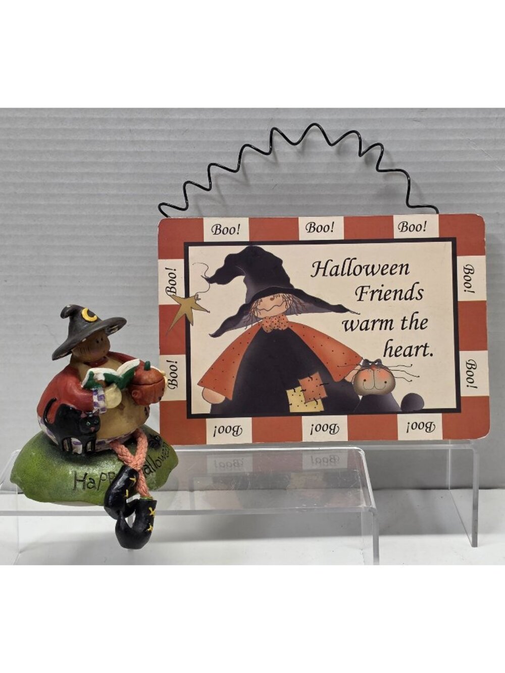 Halloween Witch Cat Figurine Shelf Sitter + Pat Isaac Friends Sign Decor Lot